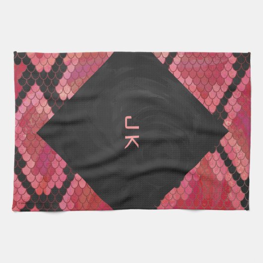 Linge De Cuisine Monogramme serpent noir et rouge imprimé (Horizontal)