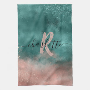 Linge De Cuisine Monogramme Turquoise et doux Pink Ombre Foil