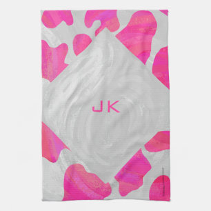 Linge De Cuisine Monogramme Vache rose et blanc chaud