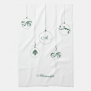 Linge De Cuisine Monogramme vert Bauble Ornements Nom personnalisé