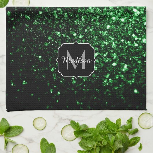 Linge De Cuisine Monogramme vert foncé faux parties scintillant sci (Plié)