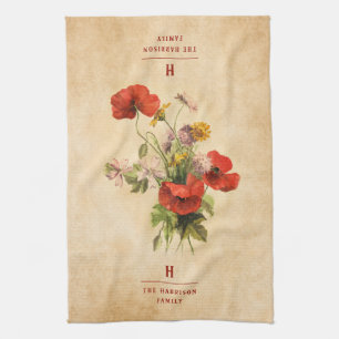 Linge De Cuisine Monogramme Vintage Bouquet rustique Poppies rouges