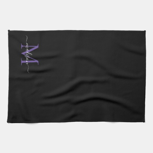 Linge De Cuisine Monogramme violet violet noir moderne Nom du scrip (Horizontal)