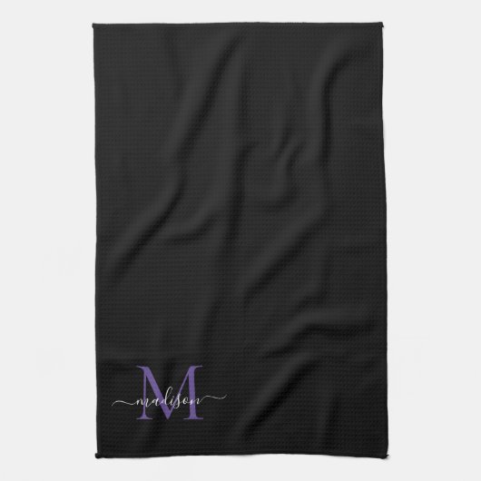 Linge De Cuisine Monogramme violet violet noir moderne Nom du scrip (Vertical)