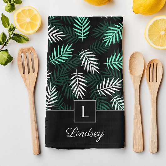 Linge De Cuisine Monogramme & Votre Nom Sur Motif De Feuilles Vert 