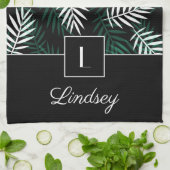 Linge De Cuisine Monogramme & Votre Nom Sur Motif De Feuilles Vert  (Plié)