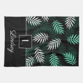 Linge De Cuisine Monogramme & Votre Nom Sur Motif De Feuilles Vert  (Horizontal)