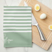 Linge De Cuisine Monongramme Sage Modern Heart and Stripes (Quart Plié)
