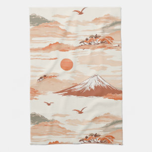 Linge De Cuisine Mont Fuji Lever de Soleil Doré Japon Motif Aquarel