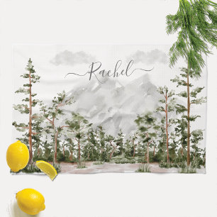 Linge De Cuisine Montagne et forêt aquarelle monogrammée