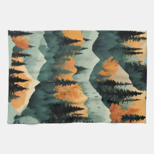 Linge De Cuisine Montagnes Et Arbres Orange Et Motif Vert