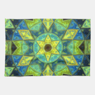 Linge De Cuisine Mosaic Kaleidoscope Fleur Jaune et Bleu