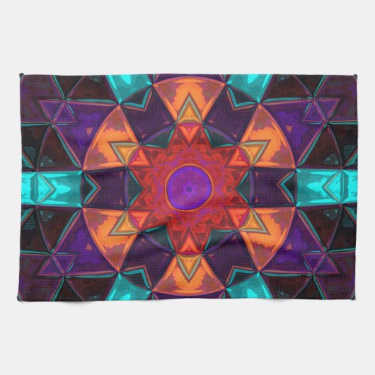 Linge De Cuisine Mosaic Kaleidoscope Fleur Rouge Orange et Bleu (Horizontal)