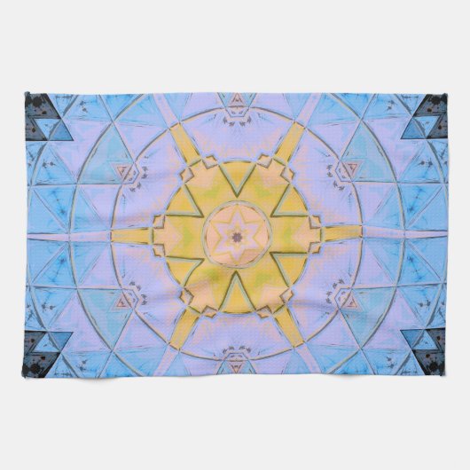 Linge De Cuisine Mosaic Mandala Flower bleu et jaune (Horizontal)