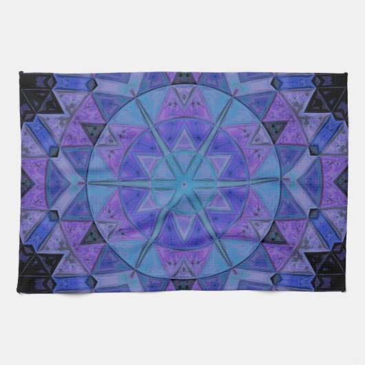 Linge De Cuisine Mosaic Mandala Flower bleu et violet (Horizontal)