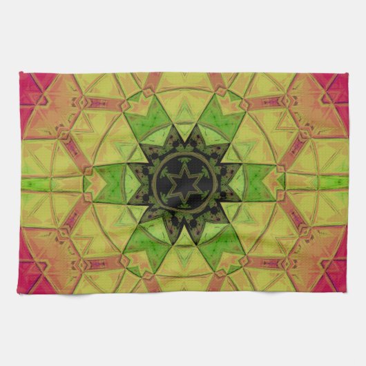 Linge De Cuisine Mosaic Mandala Flower jaune vert et rose (Horizontal)
