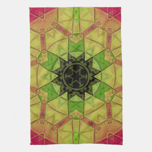 Linge De Cuisine Mosaic Mandala Flower jaune vert et rose (Vertical)