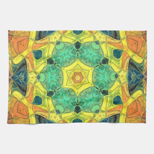 Linge De Cuisine Mosaic Mandala Flower vert jaune bleu et orange (Horizontal)