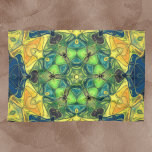 Linge De Cuisine Mosaic Mandala Flower vert jaune et bleu<br><div class="desc">Cette fleur en mosaïque kaléidoscope présente un brillant carrelage vert,  jaune et bleu. Sa géométrie vive s'inspire des fractales,  des mandalas et des mosaïques en vitraux. Obtenez ce design trippy maintenant pour votre ami préféré qui aime les couleurs vives!</div>