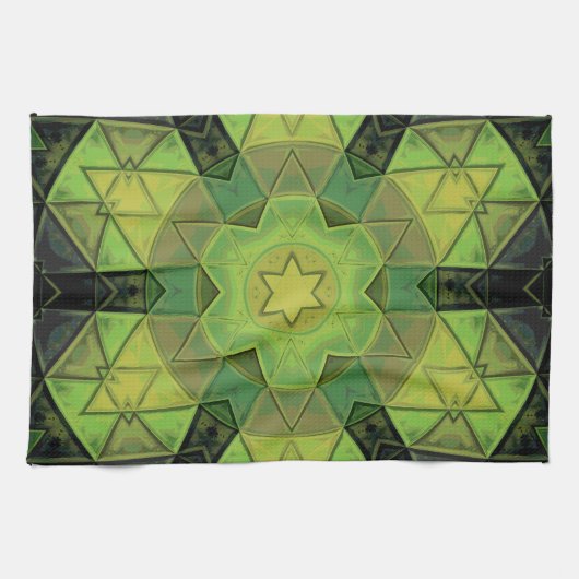 Linge De Cuisine Mosaic Mandala Flower vert jaune et noir (Horizontal)