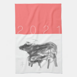 Linge De Cuisine Mother Buffalo et son petit Chinese Ox Year KT