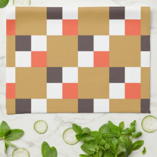 Linge De Cuisine Motif à carreaux brun doré et corail