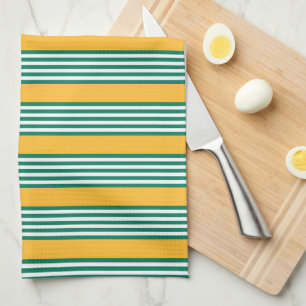 Linge De Cuisine Motif à cinq bandes vert et blanc avec jaune