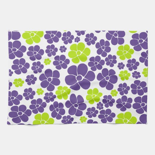 Linge De Cuisine Motif à fleurs en vert citron et violet (Horizontal)