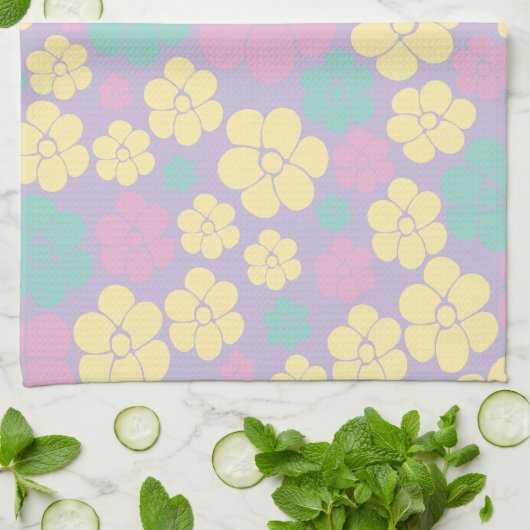 Linge De Cuisine Motif à fleurs - rose, jaune, violet et vert (Plié)