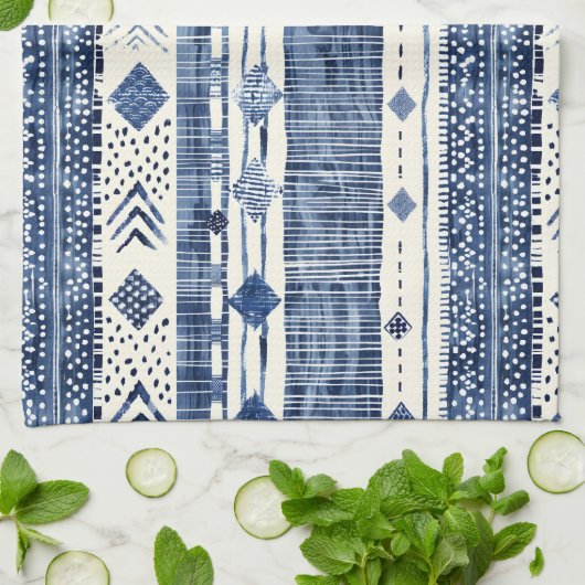 Linge De Cuisine Motif Abstrait Bleu Et Blanc (Plié)