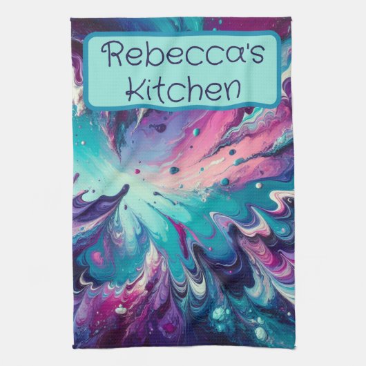 Linge De Cuisine Motif Abstrait monogramme Turquoise et rose | (Vertical)