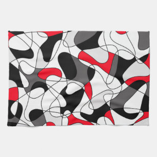 Linge De Cuisine Motif Abstrait - rouge, gris, noir et blanc.