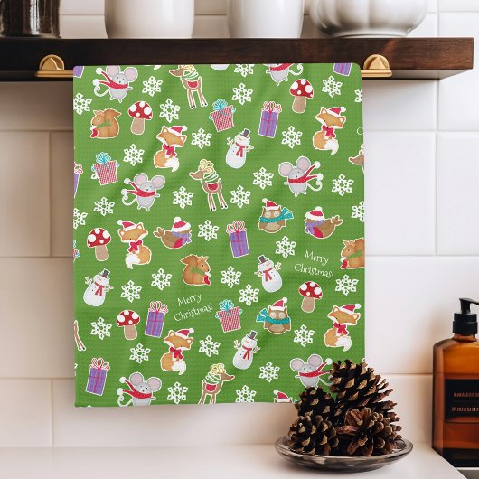Linge De Cuisine Motif animal de bois vert Joyeux Noël