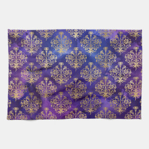 Linge De Cuisine Motif aquarelle violet avec damas doré