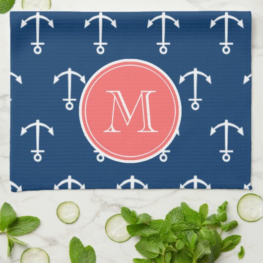 Linge De Cuisine Motif blanc d'Ancres de bleu marine, monogramme de (Plié)