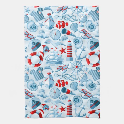 Linge De Cuisine Motif blanc et bleu rouge nautique (Vertical)