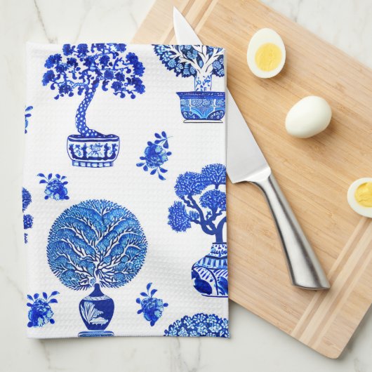 Linge De Cuisine Motif Bonsai Trees en Bleu et Blanc Cobalt (Quart Plié)