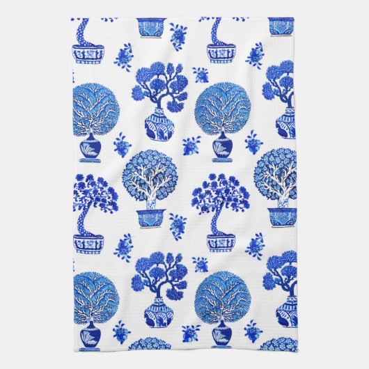 Linge De Cuisine Motif Bonsai Trees en Bleu et Blanc Cobalt (Vertical)