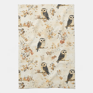 Linge De Cuisine Motif botanique de forêt de hibou beige d'automne