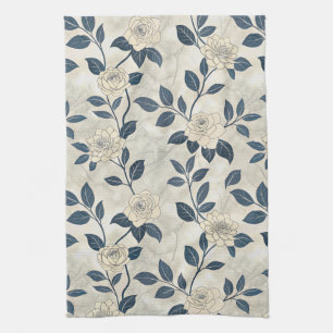 Linge De Cuisine Motif botanique floral bleu vintage (3)