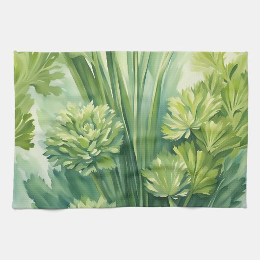 Linge De Cuisine Motif botanique vert de céleri luxuriant (Horizontal)