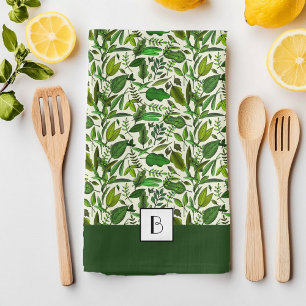 Linge De Cuisine Motif botanique vert monogramme élégant