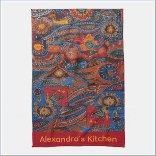 Linge De Cuisine Motif coloré ethnique boho rouge bleu et or