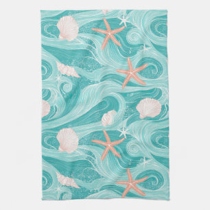 Linge De Cuisine Motif Coquillages et Vagues Océaniques (13)