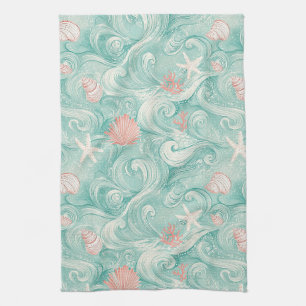 Linge De Cuisine Motif Coquillages et Vagues Océaniques (3)