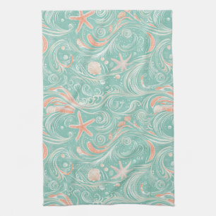 Linge De Cuisine Motif Coquillages et Vagues Océaniques (4)