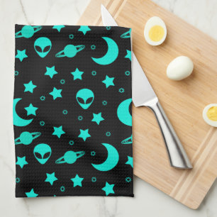 Linge De Cuisine Motif d'alien turquoise avec étoiles et lunes
