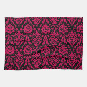Linge De Cuisine Motif Damas noir rose chaud