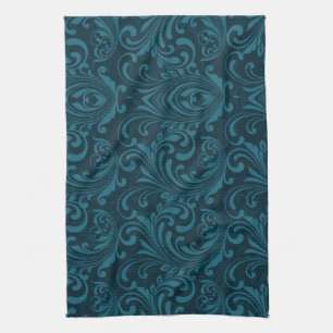 Linge De Cuisine Motif damassé floral sarcelle foncé