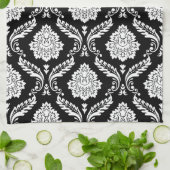 Linge De Cuisine Motif Damassé Rococo Blanc sur Noir (Plié)